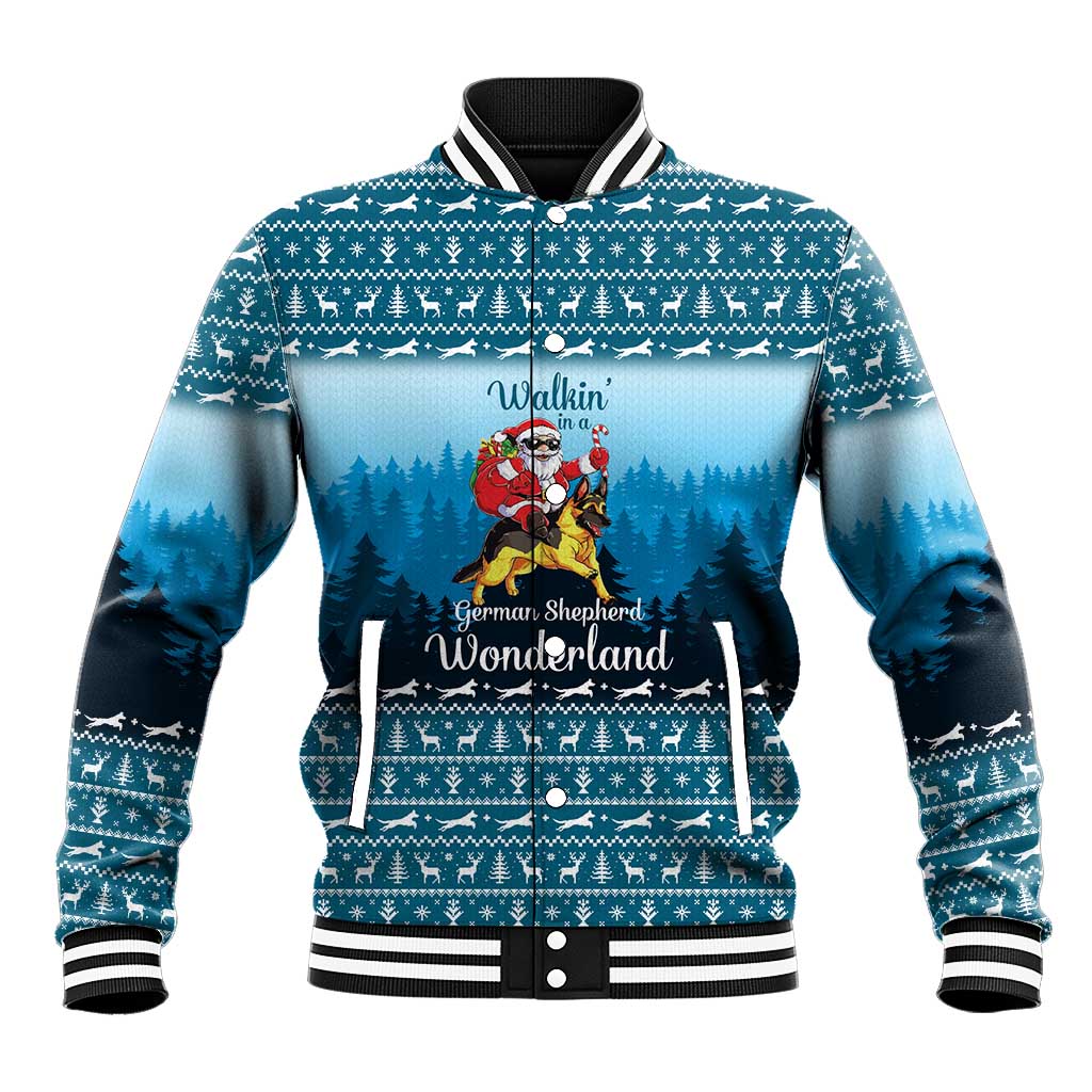 German Shepherd Christmas Baseball Jacket with Walking in a Wonderland Quote and Santa Forest - Wonder Print Shop