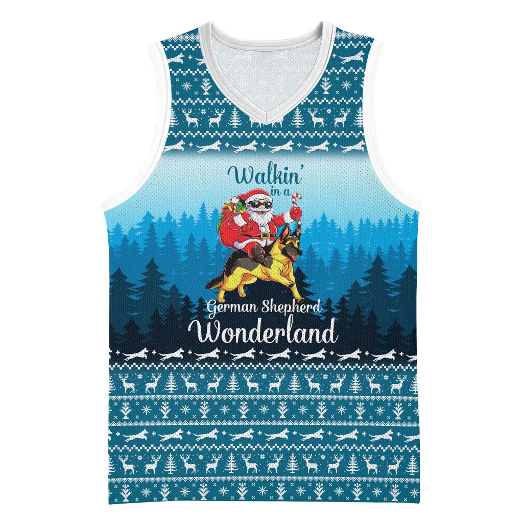 German Shepherd Christmas Basketball Jersey with Walking in a Wonderland Quote and Santa Forest - Wonder Print Shop