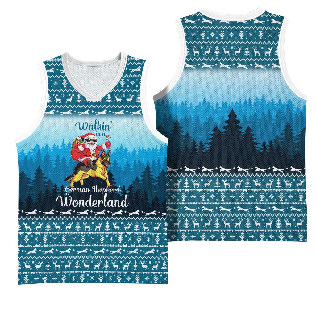 German Shepherd Christmas Basketball Jersey with Walking in a Wonderland Quote and Santa Forest - Wonder Print Shop