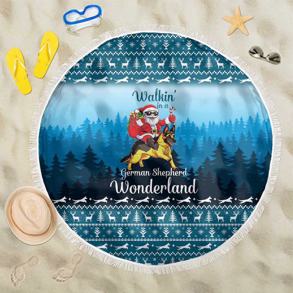 German Shepherd Christmas Beach Blanket with Walking in a Wonderland Quote and Santa Forest - Wonder Print Shop