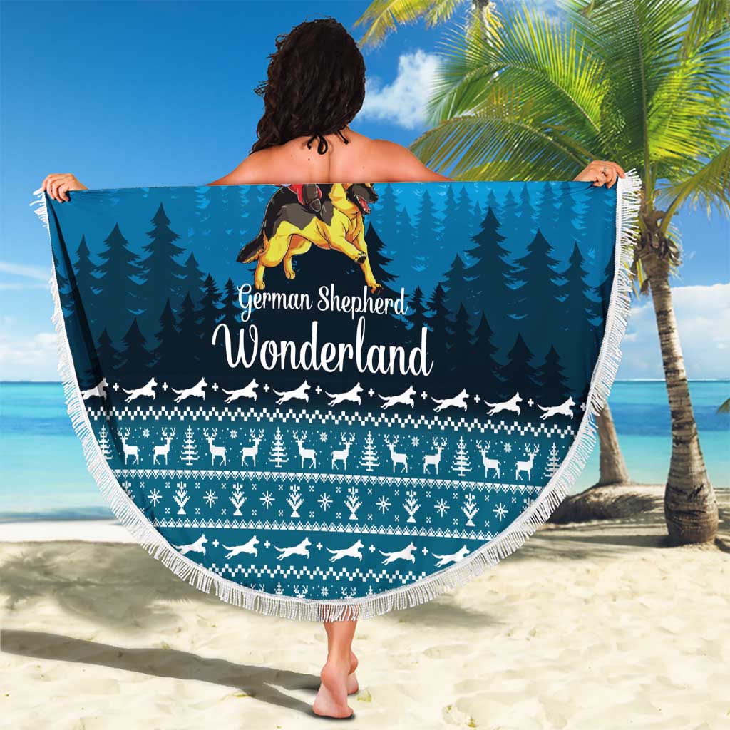 German Shepherd Christmas Beach Blanket with Walking in a Wonderland Quote and Santa Forest - Wonder Print Shop