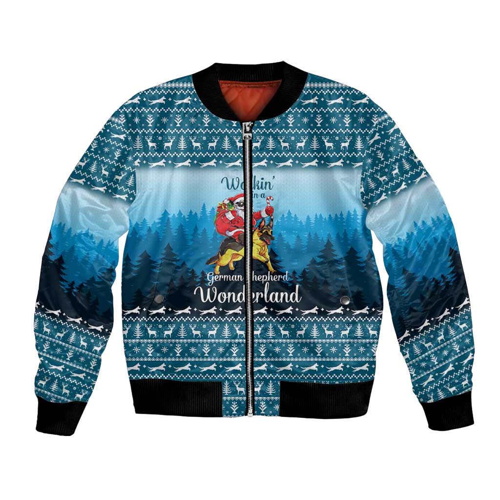 German Shepherd Christmas Bomber Jacket with Walking in a Wonderland Quote and Santa Forest - Wonder Print Shop