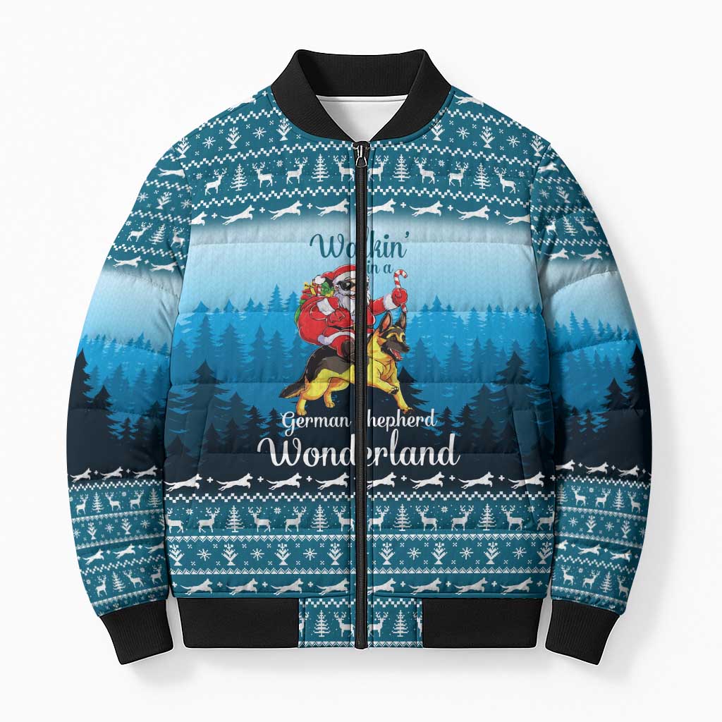 German Shepherd Christmas Bomber Puffer Jacket with Walking in a Wonderland Quote and Santa Forest - Wonder Print Shop