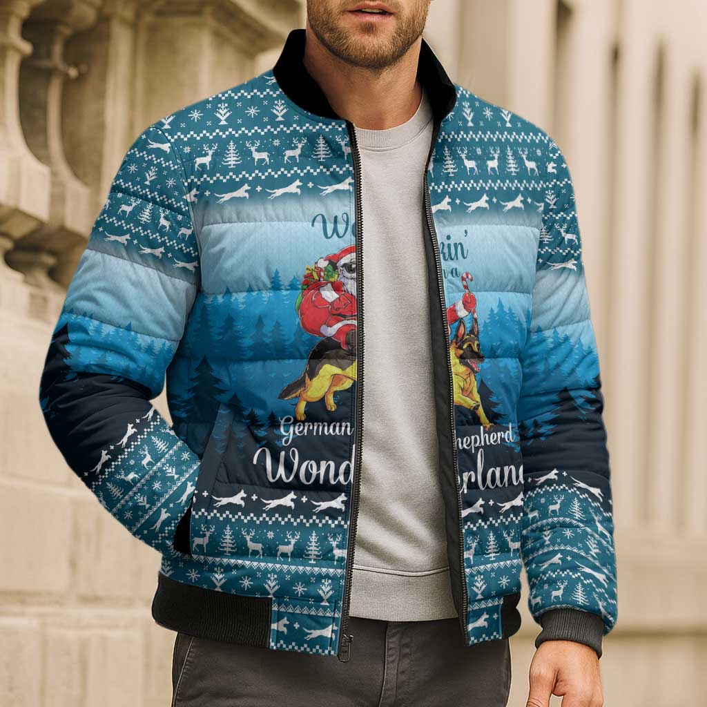 German Shepherd Christmas Bomber Puffer Jacket with Walking in a Wonderland Quote and Santa Forest - Wonder Print Shop