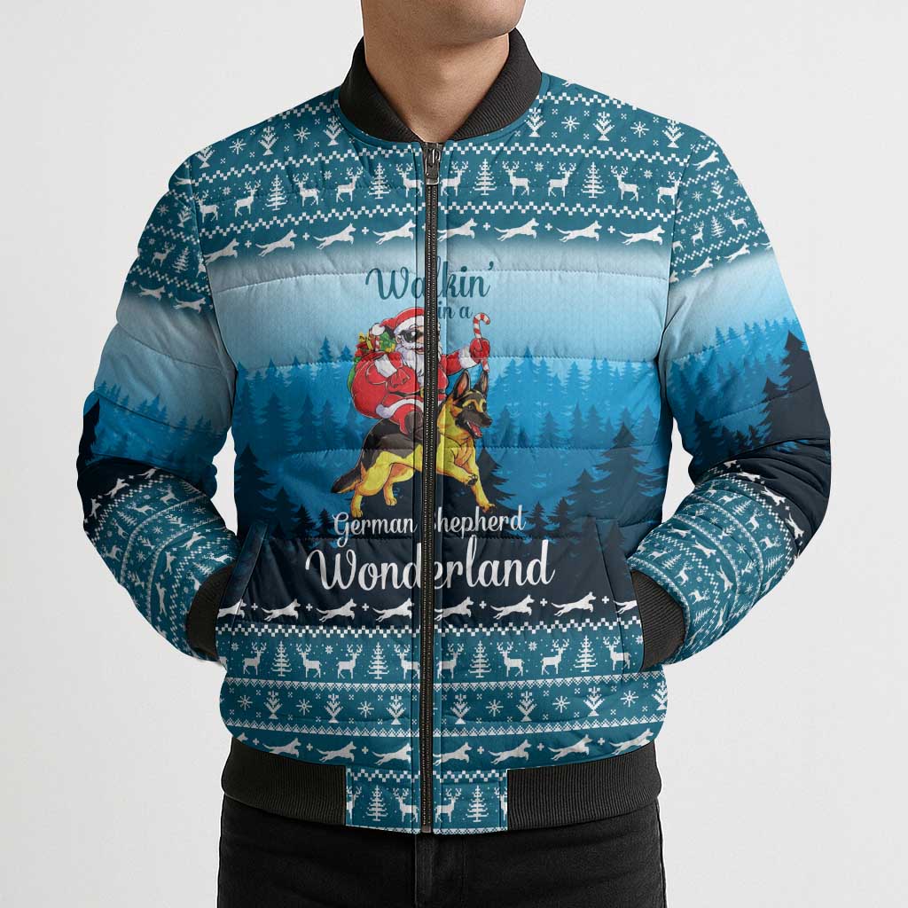 German Shepherd Christmas Bomber Puffer Jacket with Walking in a Wonderland Quote and Santa Forest - Wonder Print Shop