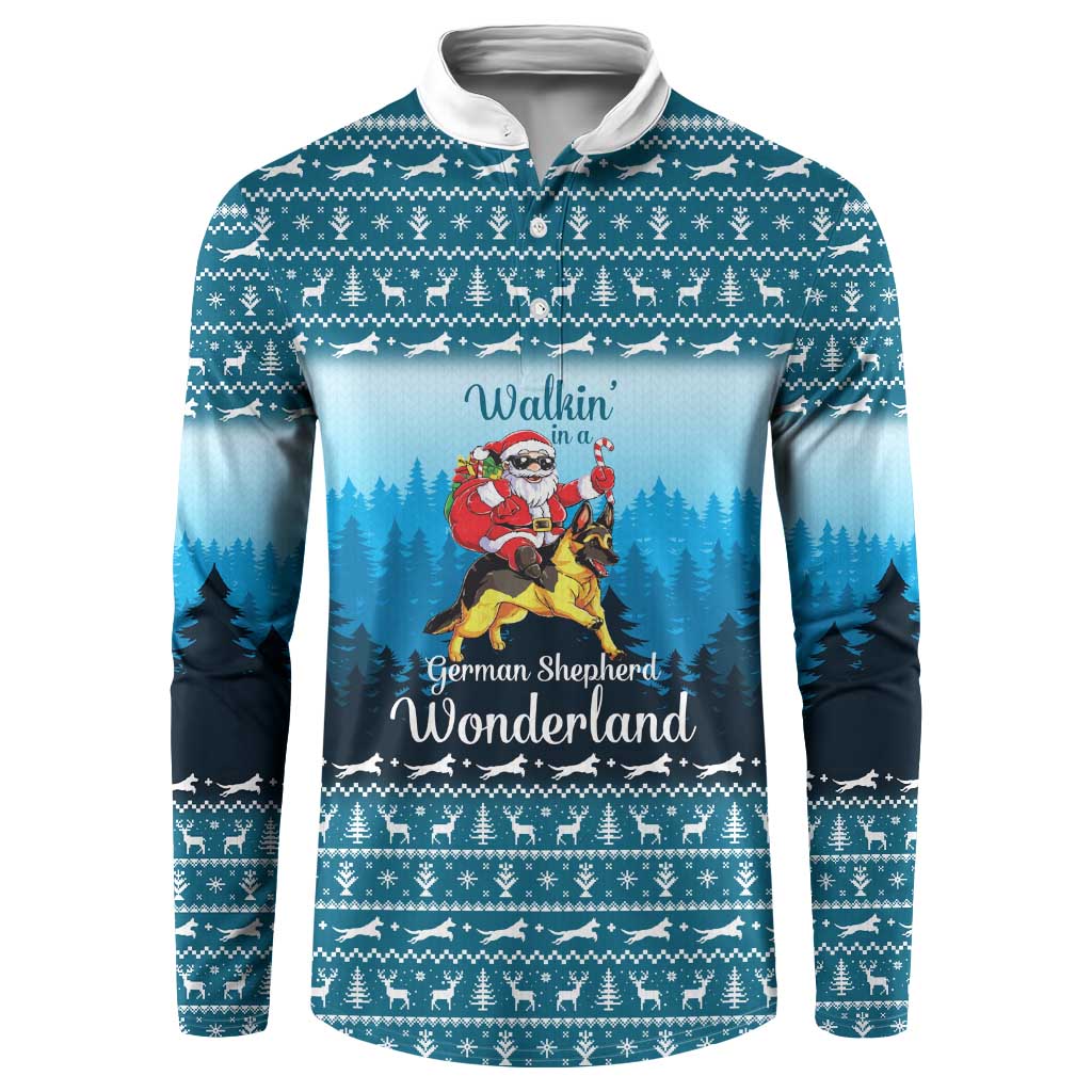 German Shepherd Christmas Button Sweatshirt with Walking in a Wonderland Quote and Santa Forest - Wonder Print Shop