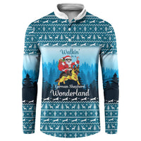 German Shepherd Christmas Button Sweatshirt with Walking in a Wonderland Quote and Santa Forest - Wonder Print Shop