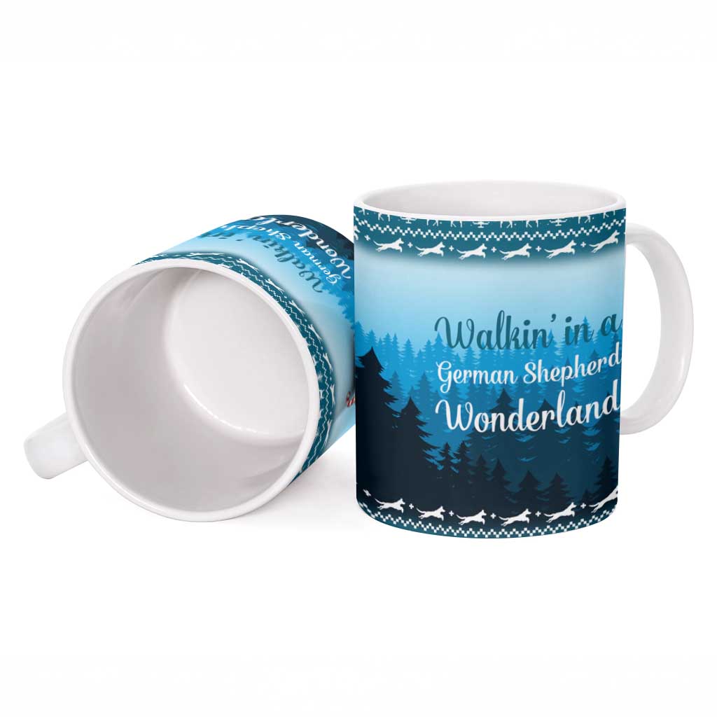 German Shepherd Christmas Ceramic Mug with Walking in a Wonderland Quote and Santa Forest - Wonder Print Shop