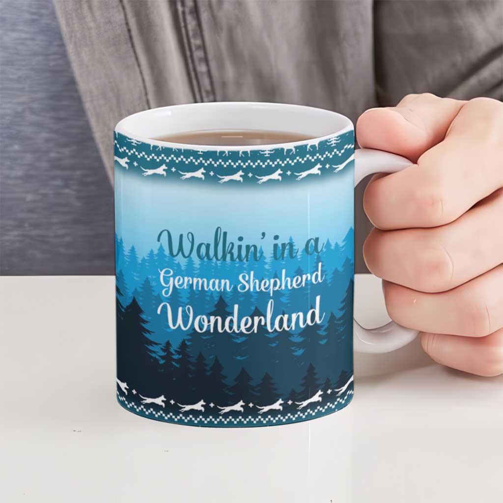 German Shepherd Christmas Ceramic Mug with Walking in a Wonderland Quote and Santa Forest - Wonder Print Shop