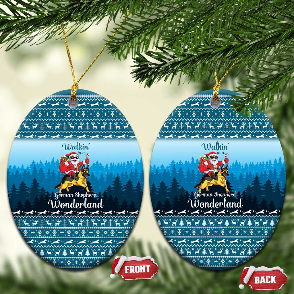 German Shepherd Christmas Ceramic Ornament with Walking in a Wonderland Quote and Santa Forest - Wonder Print Shop