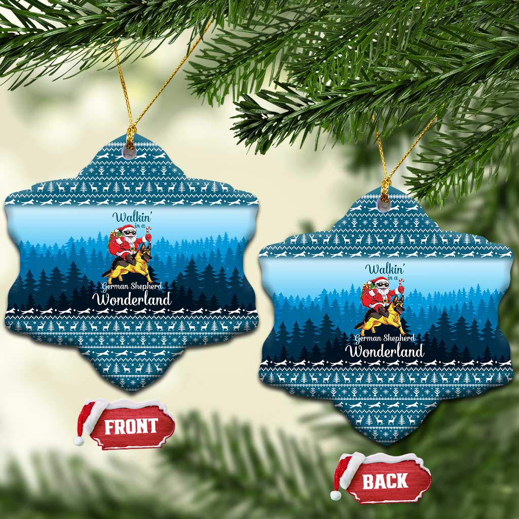 German Shepherd Christmas Ceramic Ornament with Walking in a Wonderland Quote and Santa Forest - Wonder Print Shop