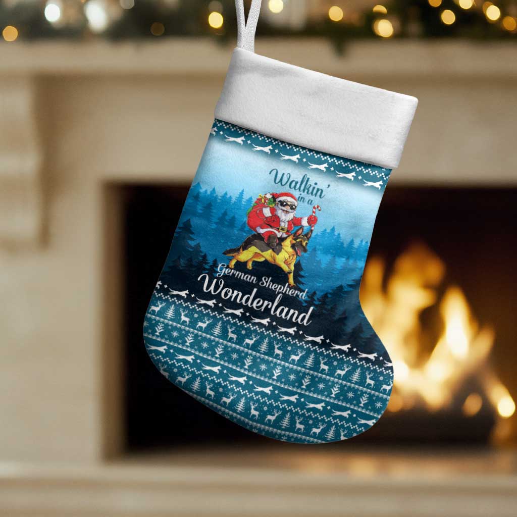 German Shepherd Christmas Stocking with Walking in a Wonderland Quote and Santa Forest - Wonder Print Shop