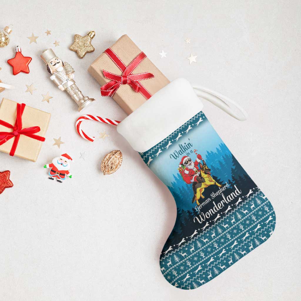 German Shepherd Christmas Stocking with Walking in a Wonderland Quote and Santa Forest - Wonder Print Shop