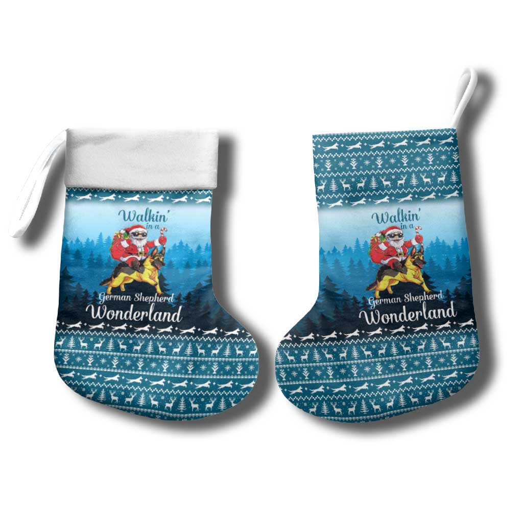 German Shepherd Christmas Stocking with Walking in a Wonderland Quote and Santa Forest - Wonder Print Shop