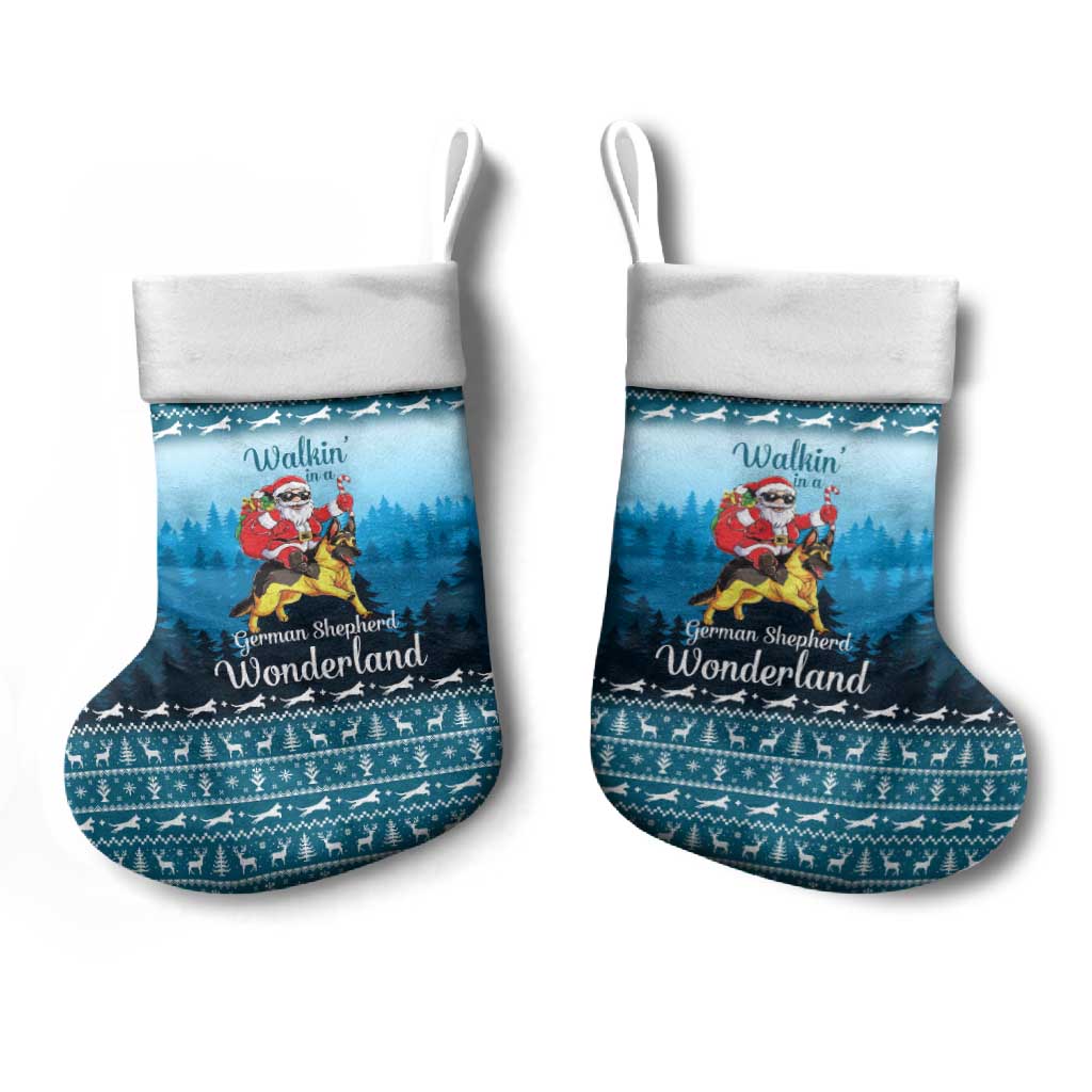 German Shepherd Christmas Stocking with Walking in a Wonderland Quote and Santa Forest - Wonder Print Shop