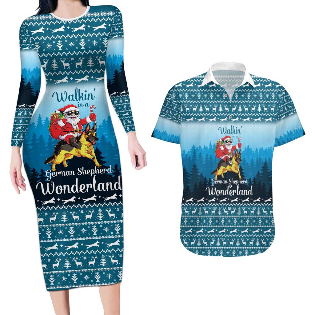 German Shepherd Christmas Couples Matching Long Sleeve Bodycon Dress and Hawaiian Shirt with Walking in a Wonderland Quote and Santa Forest - Wonder Print Shop