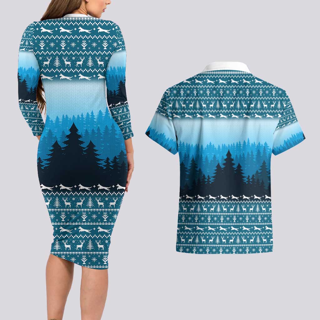 German Shepherd Christmas Couples Matching Long Sleeve Bodycon Dress and Hawaiian Shirt with Walking in a Wonderland Quote and Santa Forest - Wonder Print Shop