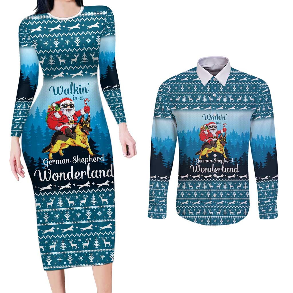 German Shepherd Christmas Couples Matching Long Sleeve Bodycon Dress and Long Sleeve Button Shirt with Walking in a Wonderland Quote and Santa Forest - Wonder Print Shop