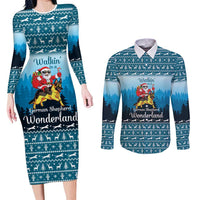 German Shepherd Christmas Couples Matching Long Sleeve Bodycon Dress and Long Sleeve Button Shirt with Walking in a Wonderland Quote and Santa Forest - Wonder Print Shop