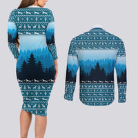 German Shepherd Christmas Couples Matching Long Sleeve Bodycon Dress and Long Sleeve Button Shirt with Walking in a Wonderland Quote and Santa Forest - Wonder Print Shop