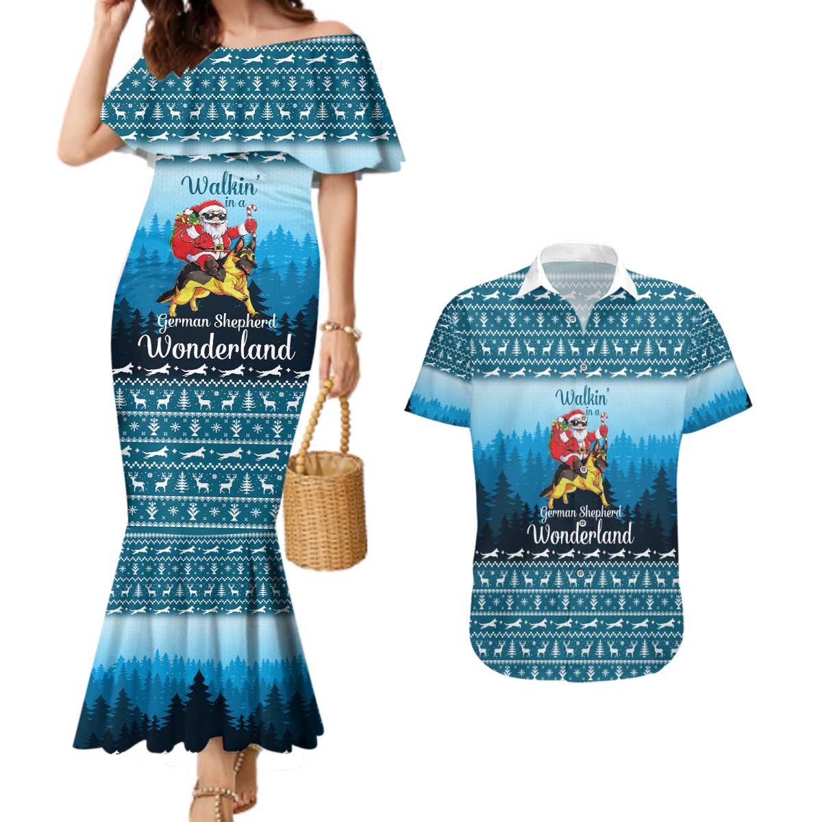 German Shepherd Christmas Couples Matching Mermaid Dress and Hawaiian Shirt with Walking in a Wonderland Quote and Santa Forest - Wonder Print Shop