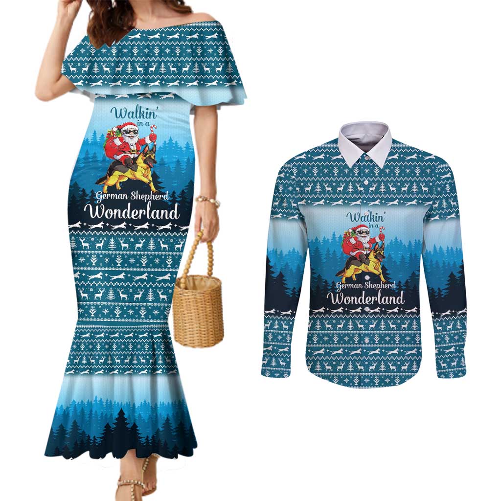 German Shepherd Christmas Couples Matching Mermaid Dress and Long Sleeve Button Shirt with Walking in a Wonderland Quote and Santa Forest - Wonder Print Shop