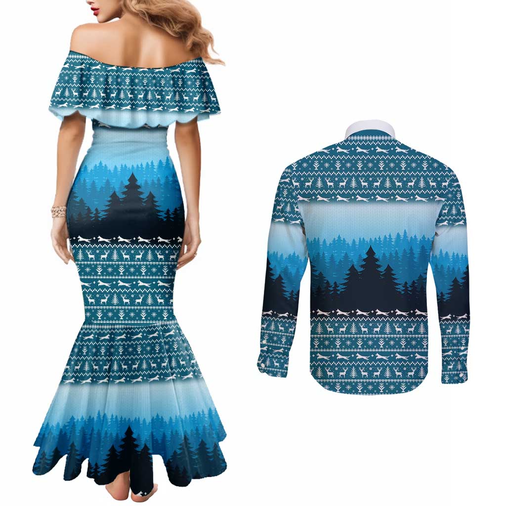 German Shepherd Christmas Couples Matching Mermaid Dress and Long Sleeve Button Shirt with Walking in a Wonderland Quote and Santa Forest - Wonder Print Shop