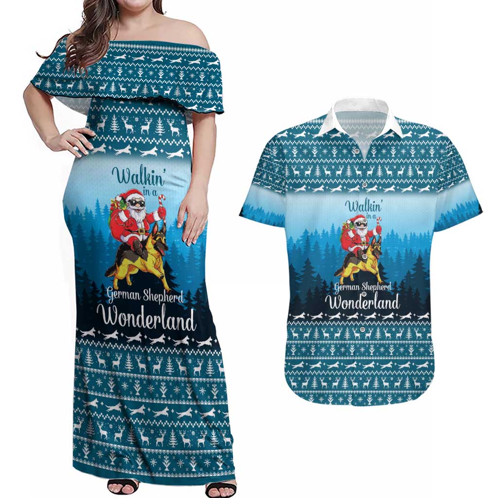 German Shepherd Christmas Couples Matching Off Shoulder Maxi Dress and Hawaiian Shirt with Walking in a Wonderland Quote and Santa Forest - Wonder Print Shop