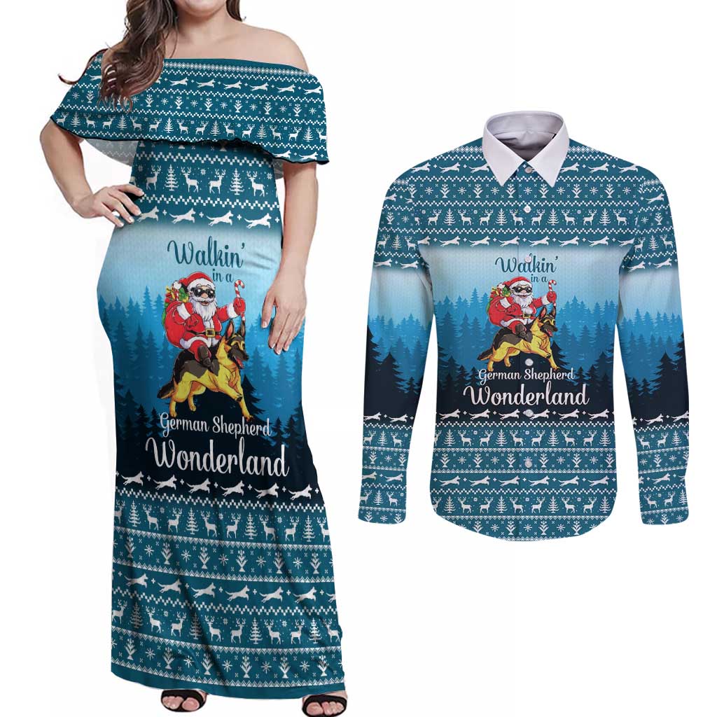 German Shepherd Christmas Couples Matching Off Shoulder Maxi Dress and Long Sleeve Button Shirt with Walking in a Wonderland Quote and Santa Forest - Wonder Print Shop