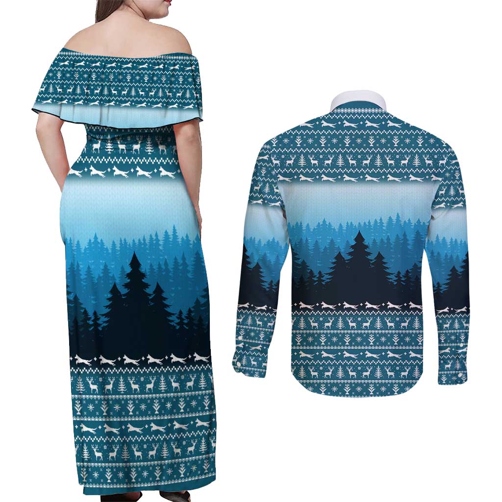 German Shepherd Christmas Couples Matching Off Shoulder Maxi Dress and Long Sleeve Button Shirt with Walking in a Wonderland Quote and Santa Forest - Wonder Print Shop