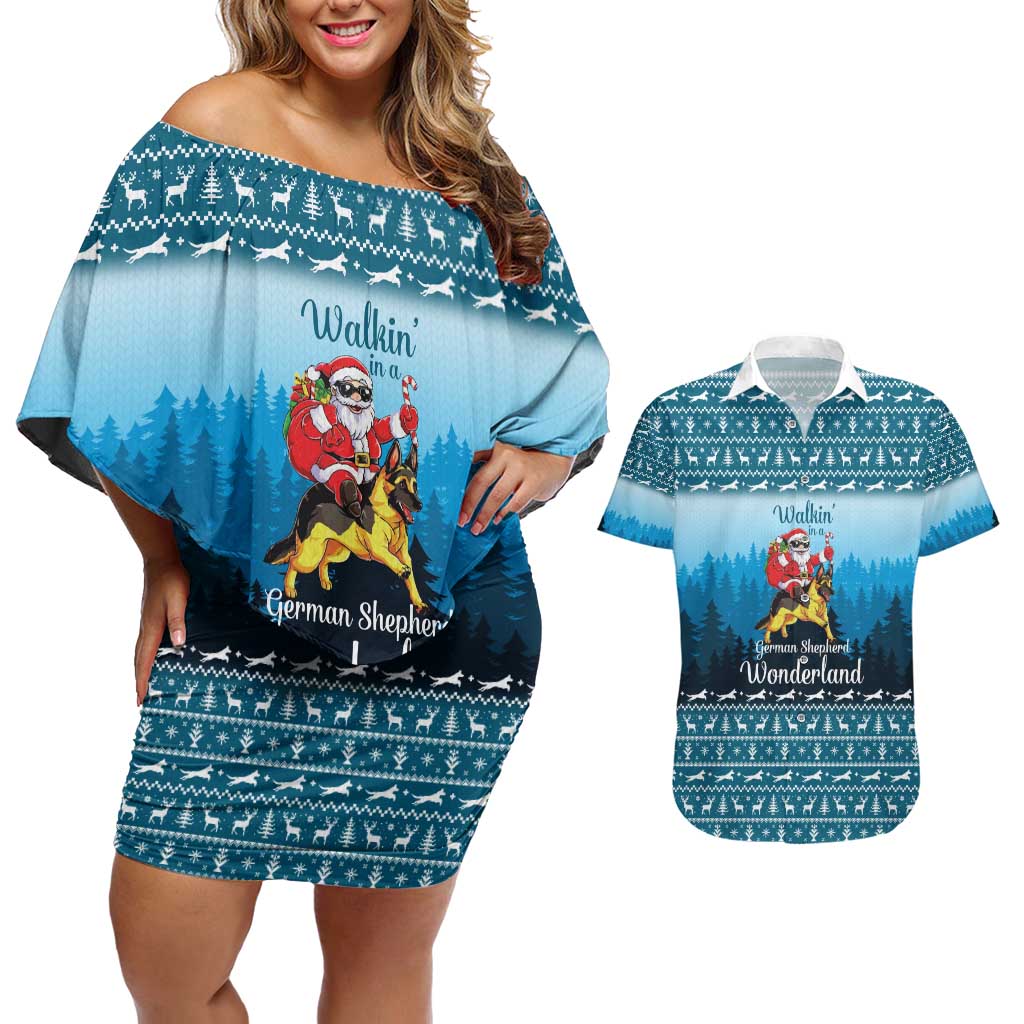 German Shepherd Christmas Couples Matching Off Shoulder Short Dress and Hawaiian Shirt with Walking in a Wonderland Quote and Santa Forest - Wonder Print Shop