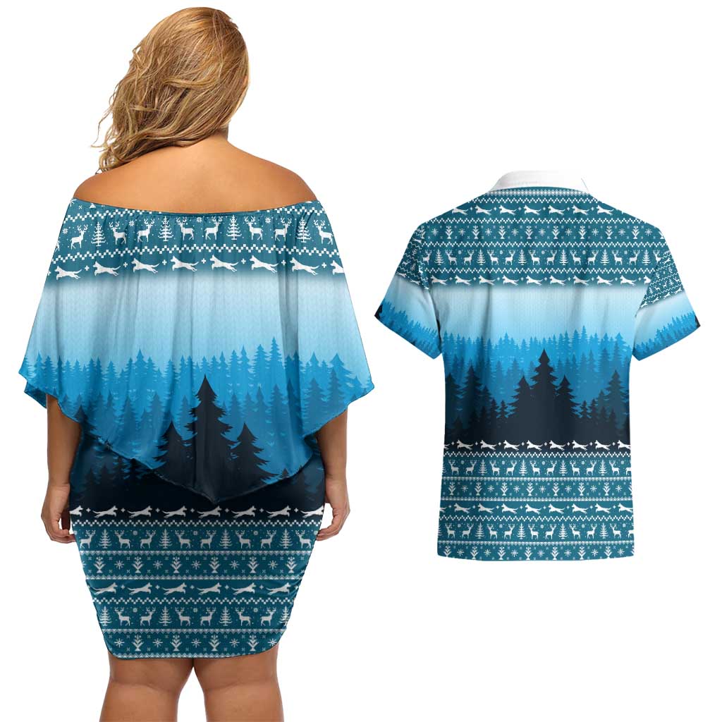 German Shepherd Christmas Couples Matching Off Shoulder Short Dress and Hawaiian Shirt with Walking in a Wonderland Quote and Santa Forest - Wonder Print Shop