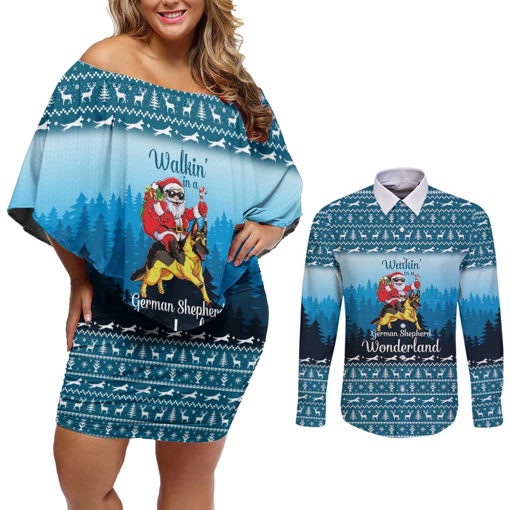 German Shepherd Christmas Couples Matching Off Shoulder Short Dress and Long Sleeve Button Shirt with Walking in a Wonderland Quote and Santa Forest - Wonder Print Shop