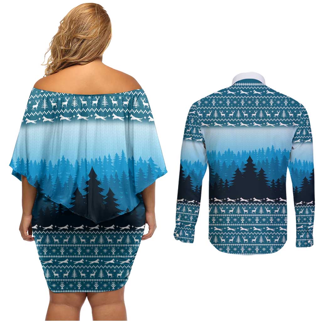 German Shepherd Christmas Couples Matching Off Shoulder Short Dress and Long Sleeve Button Shirt with Walking in a Wonderland Quote and Santa Forest - Wonder Print Shop