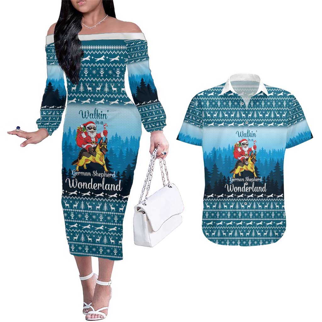 German Shepherd Christmas Couples Matching Off The Shoulder Long Sleeve Dress and Hawaiian Shirt with Walking in a Wonderland Quote and Santa Forest - Wonder Print Shop