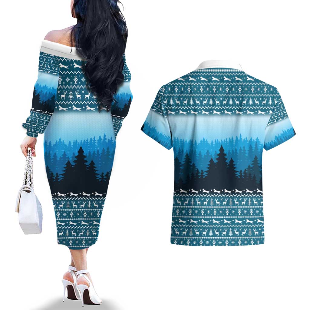 German Shepherd Christmas Couples Matching Off The Shoulder Long Sleeve Dress and Hawaiian Shirt with Walking in a Wonderland Quote and Santa Forest - Wonder Print Shop