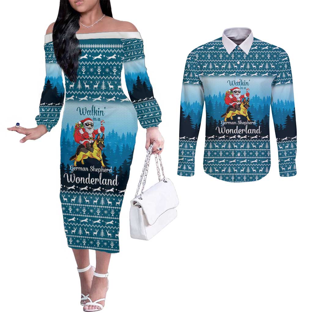 German Shepherd Christmas Couples Matching Off The Shoulder Long Sleeve Dress and Long Sleeve Button Shirt with Walking in a Wonderland Quote and Santa Forest - Wonder Print Shop
