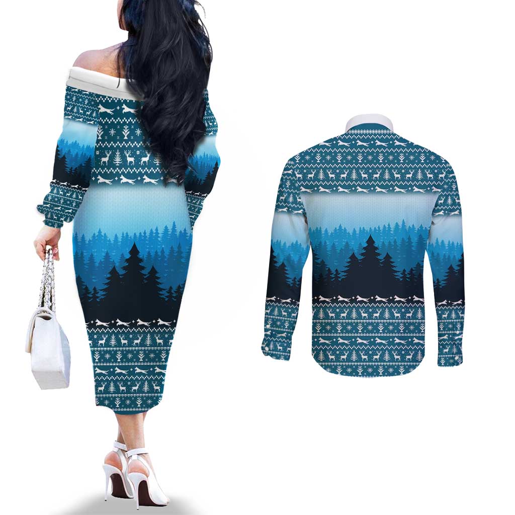 German Shepherd Christmas Couples Matching Off The Shoulder Long Sleeve Dress and Long Sleeve Button Shirt with Walking in a Wonderland Quote and Santa Forest - Wonder Print Shop
