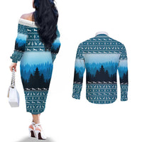 German Shepherd Christmas Couples Matching Off The Shoulder Long Sleeve Dress and Long Sleeve Button Shirt with Walking in a Wonderland Quote and Santa Forest - Wonder Print Shop