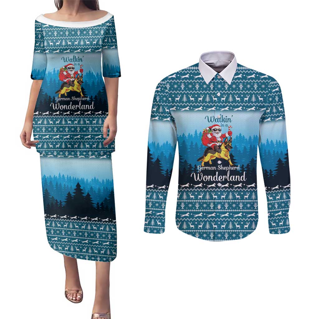German Shepherd Christmas Couples Matching Puletasi and Long Sleeve Button Shirt with Walking in a Wonderland Quote and Santa Forest - Wonder Print Shop