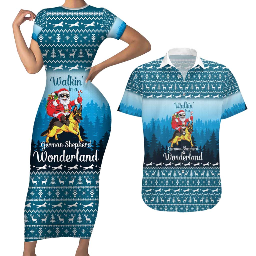 German Shepherd Christmas Couples Matching Short Sleeve Bodycon Dress and Hawaiian Shirt with Walking in a Wonderland Quote and Santa Forest - Wonder Print Shop