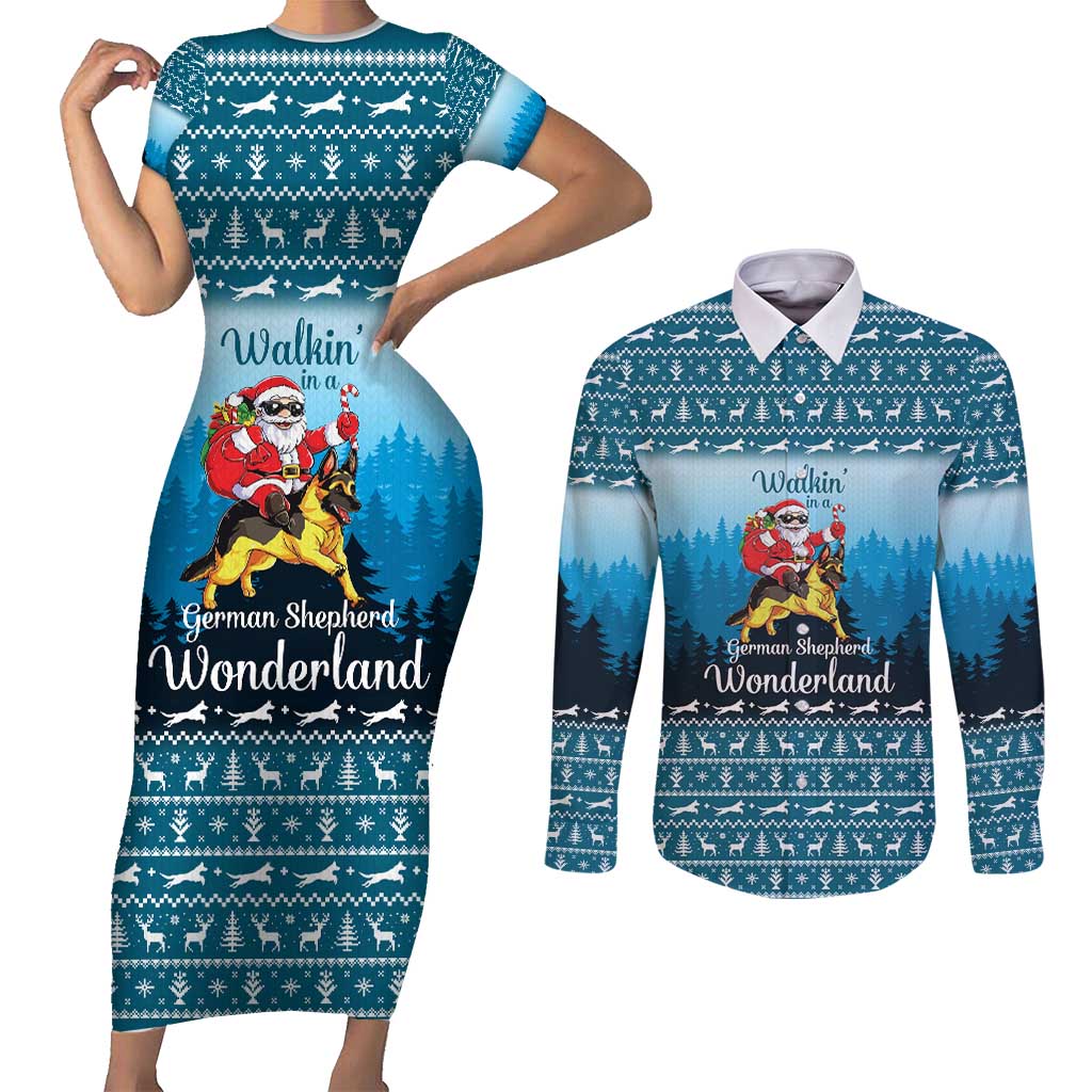 German Shepherd Christmas Couples Matching Short Sleeve Bodycon Dress and Long Sleeve Button Shirt with Walking in a Wonderland Quote and Santa Forest - Wonder Print Shop