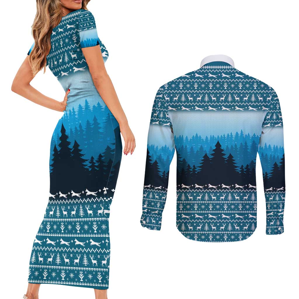 German Shepherd Christmas Couples Matching Short Sleeve Bodycon Dress and Long Sleeve Button Shirt with Walking in a Wonderland Quote and Santa Forest - Wonder Print Shop