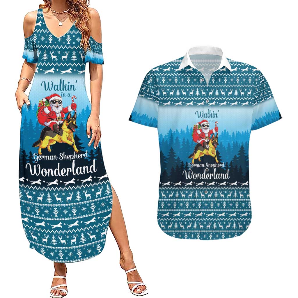German Shepherd Christmas Couples Matching Summer Maxi Dress and Hawaiian Shirt with Walking in a Wonderland Quote and Santa Forest - Wonder Print Shop
