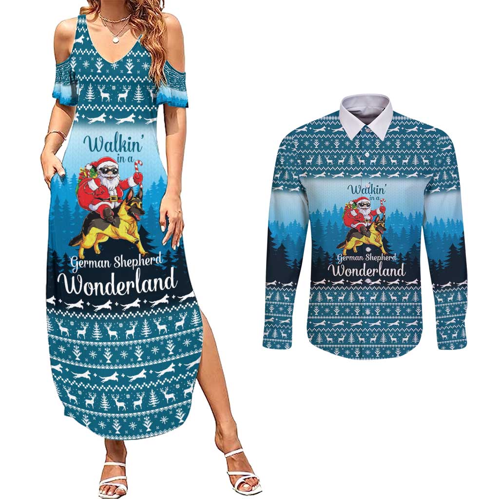 German Shepherd Christmas Couples Matching Summer Maxi Dress and Long Sleeve Button Shirt with Walking in a Wonderland Quote and Santa Forest - Wonder Print Shop