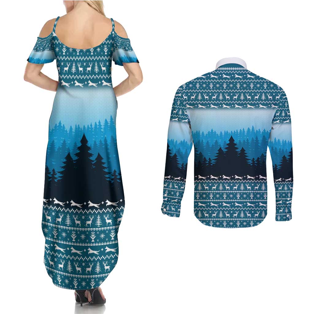 German Shepherd Christmas Couples Matching Summer Maxi Dress and Long Sleeve Button Shirt with Walking in a Wonderland Quote and Santa Forest - Wonder Print Shop