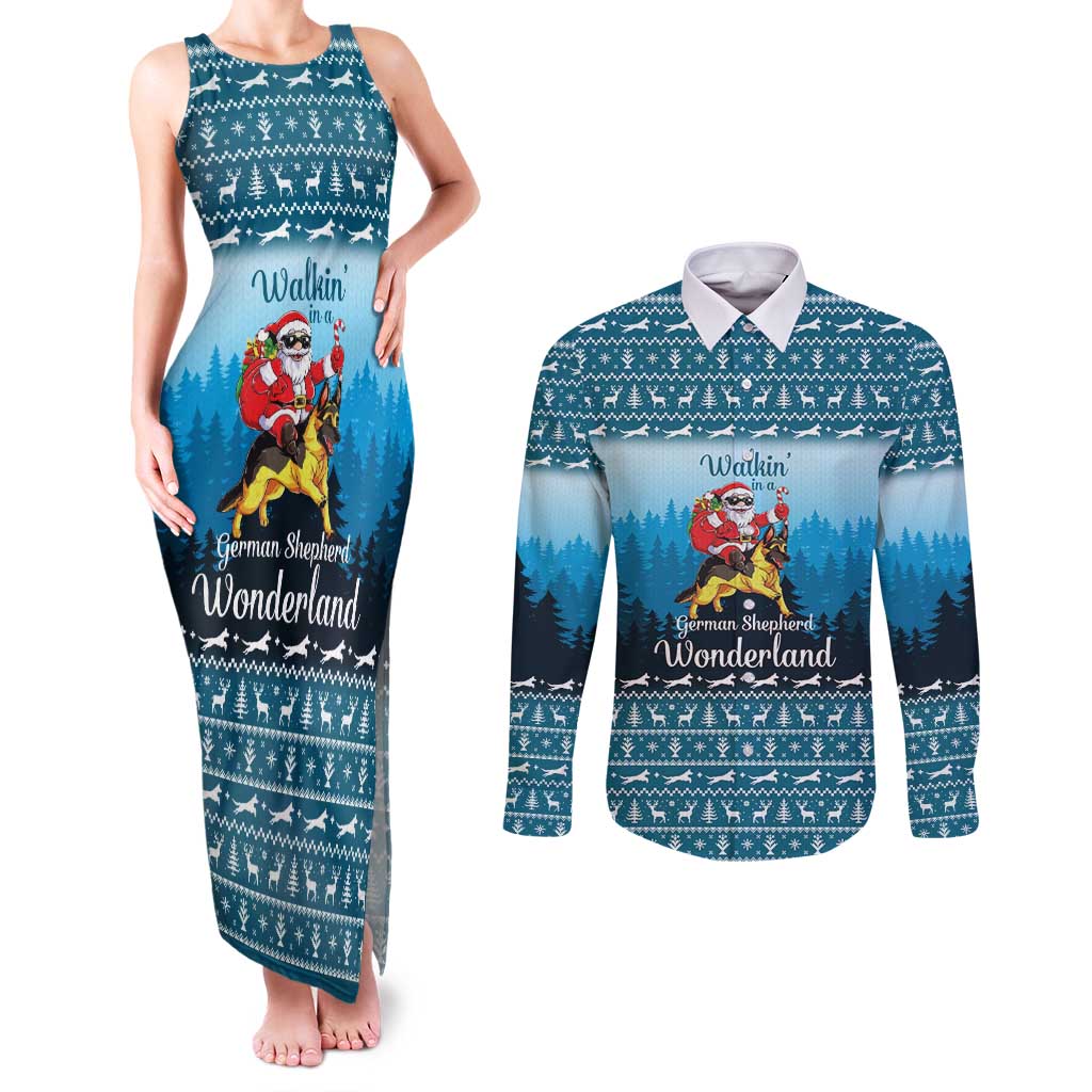 German Shepherd Christmas Couples Matching Tank Maxi Dress and Long Sleeve Button Shirt with Walking in a Wonderland Quote and Santa Forest - Wonder Print Shop