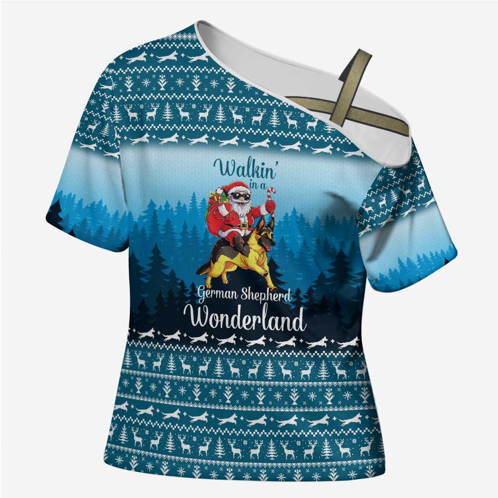 German Shepherd Christmas Cross Shoulder Shirt with Walking in a Wonderland Quote and Santa Forest - Wonder Print Shop