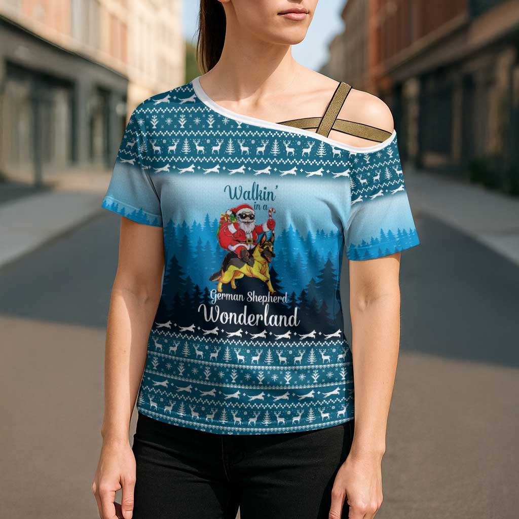 German Shepherd Christmas Cross Shoulder Shirt with Walking in a Wonderland Quote and Santa Forest - Wonder Print Shop