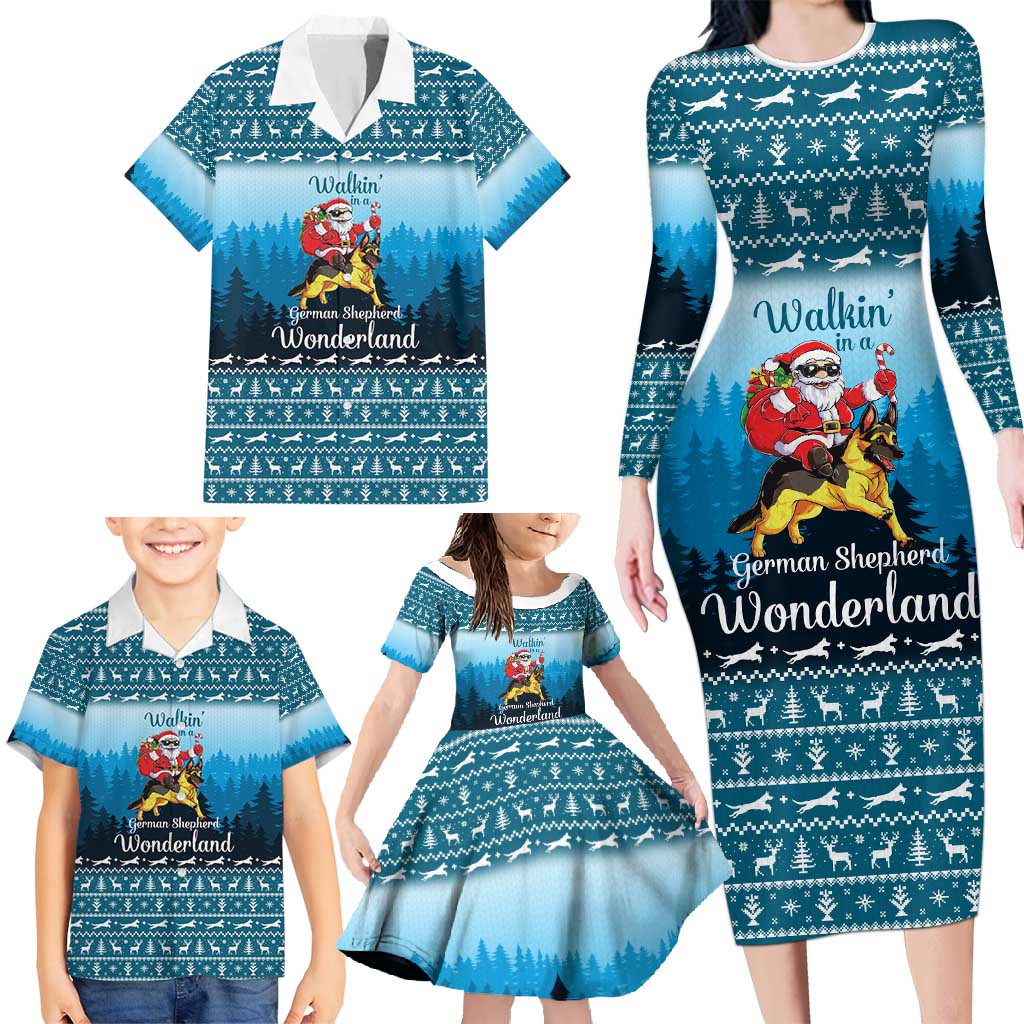 German Shepherd Christmas Family Matching Long Sleeve Bodycon Dress and Hawaiian Shirt with Walking in a Wonderland Quote and Santa Forest - Wonder Print Shop